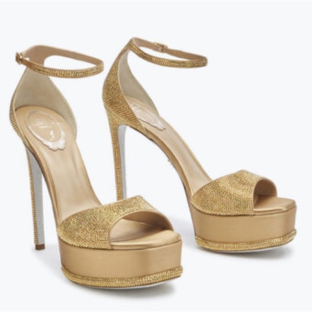 Rene Caovilla Anastasia Rhinestone Crystal Platform Sandal 36.5 Gold Strass
